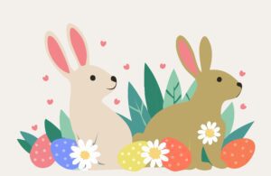 easter illustration Easter illustration with bunnies, flowers and easter eggs