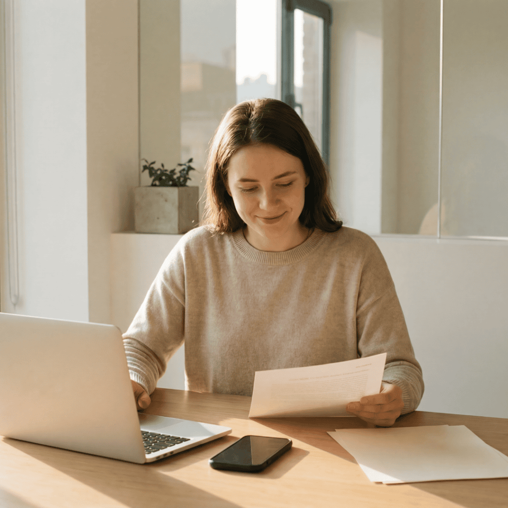 Woman looking at a document while working on a laptop